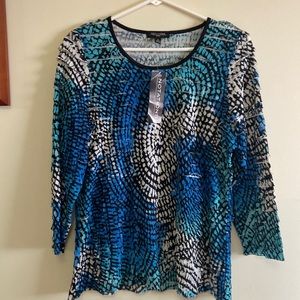 NOTATION Petite PL Blue Ruffle/Multi-Layer Short Sleeve Blouse